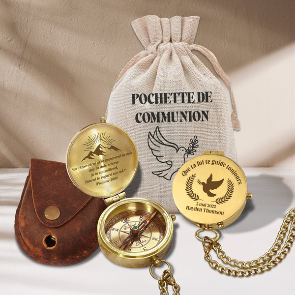 Un Pas Avec La Foi, Guidé Pour Toujours - Que Ta Foi Te Guide Toujours - Boussole De Baptême Et De Communion + Sac De Communion Personnalisé Offert - Lcgpb16013